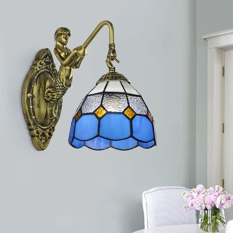 Mediterranean Wall Lamp Single Head European Retro Mermaid Resin Base Living Room Corridor Balcony Garden Bedroom Bedside Lamp - Цвет абажура: A