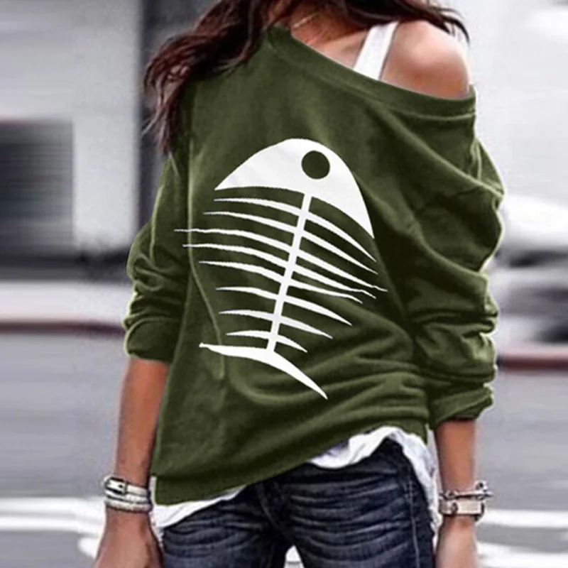 

Sweater Women Fish Bone Pattern Long Sleeve Sweatshirt Large Size Autumn Winter Woman Sweaters Pullovers
