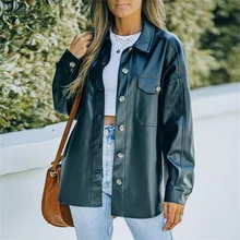 Women's Fall Winter 2021coat New Loose Casual Long Sleeve Solid  Single-Breasted Lapel PU Leather Jacket Top Female Warm Clothes