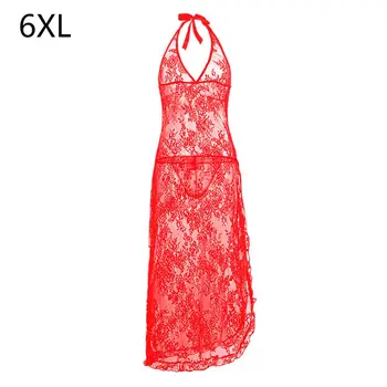 

Sexy Oversize Womens Floral Lace Long Lingerie Halter Deep V Cheongsam Side Set C6UD