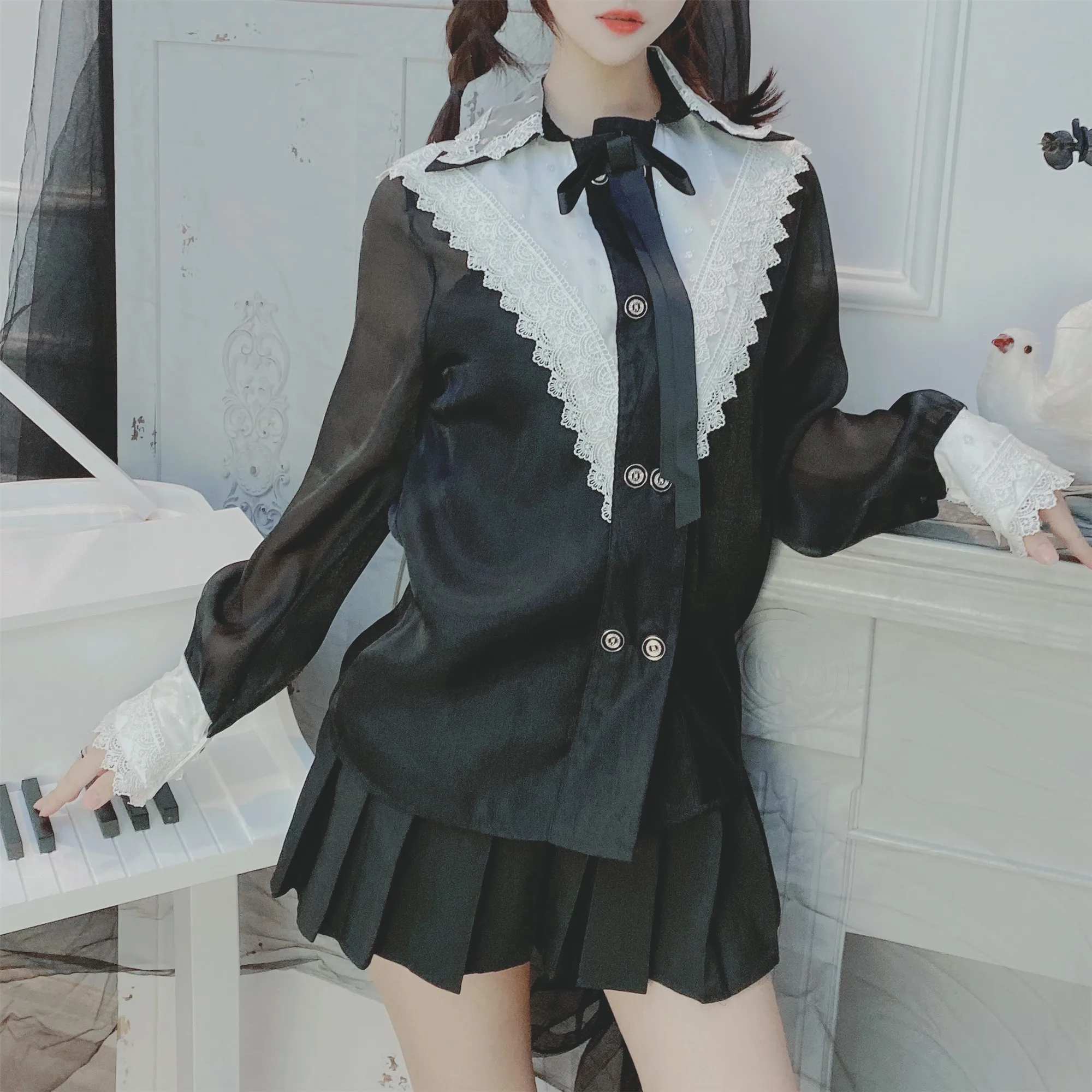 Блузка хараджуку Женские винтажные готические рубашки Лолита сладкий лук кружева шифон рубашки с длинным рукавом черные топы