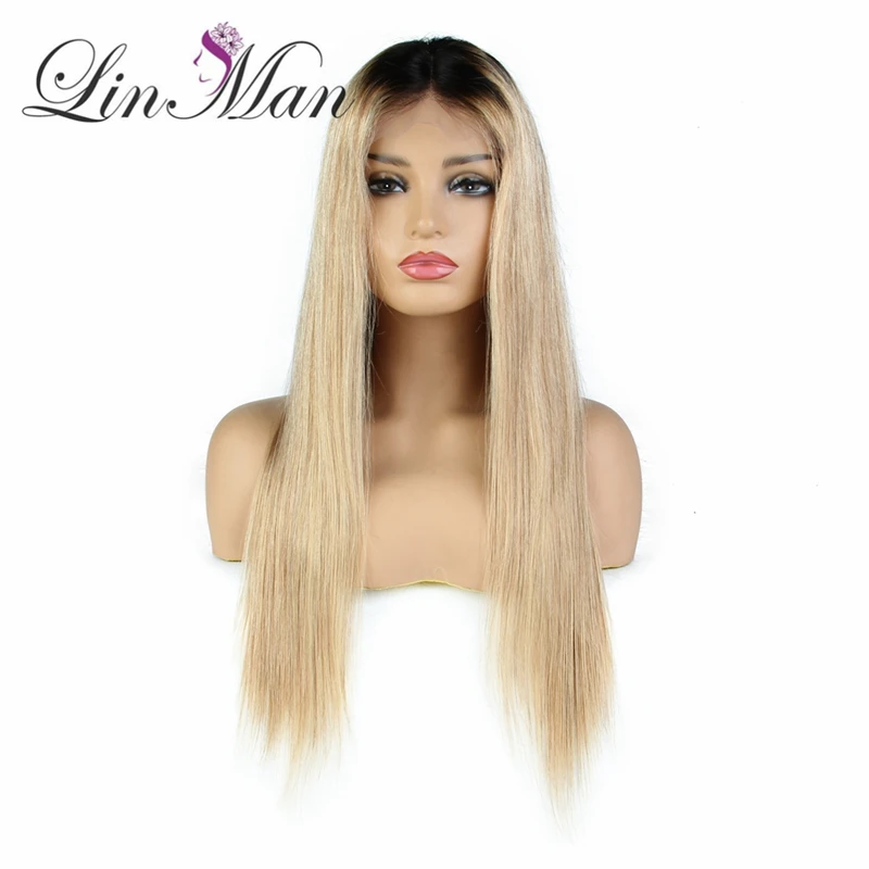 

LIN MAN Brazilian Remy Hair 1b Lace Front Wig Straight Ombre Color Highlights Color Middle Part Pre Plucked
