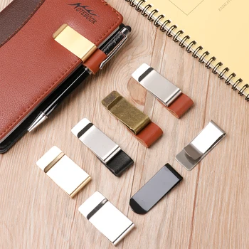

School Office Supply Stainless Steel Handmade Leather Brass Clips Stainless Steel Pen Holder Clip Journal Notebook Paper Folder