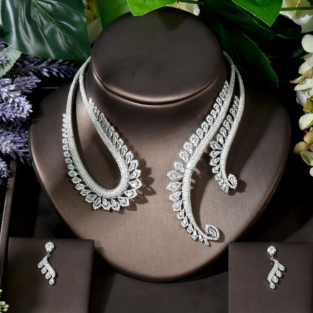 HIBRIDE Luxury 2PCS Feather Chokers Jewelry Sets For Women Wedding Cubic Zirconia CZ Dubai Bridal Jewelry Set Dance Party N-1655 - Image 2