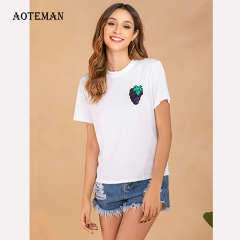 

Spring Summer Women's T Shirt 2020 Casual O Neck Short Sleeve T Shirt Women Slim Print Grape Pullover Sweatshirt Female White