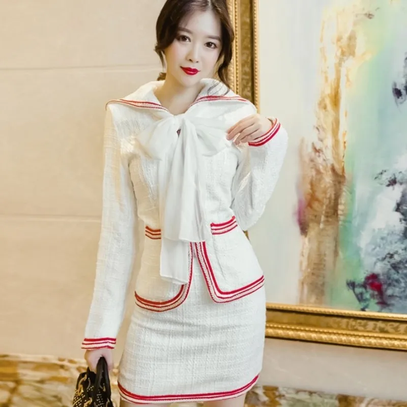 

2020 Winter Elegant Ladies Sailor Collar Jacket Tweed Set Women White Wrap A Line Skirt Bodycon 2 Pcs Outfits Twill Office Suits