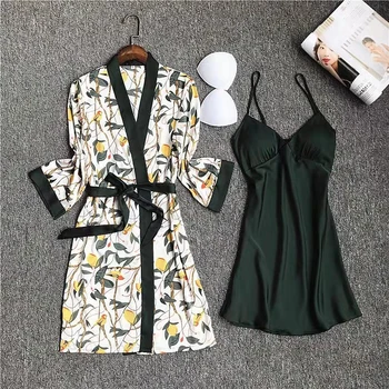 

QWEEK Silk Pajamas for Women Floral Womens Pajama Set Summer 2020 Pyjamas Women Satin Sleepwear V-Neck Pijama robe 2 Piece Sets