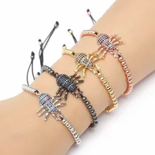 Золото серебро микро pave cz кубический цирконий Веревка Регулируемый браслет из медного бисера rh3 паук насекомое очарование плетеные браслеты для женщин