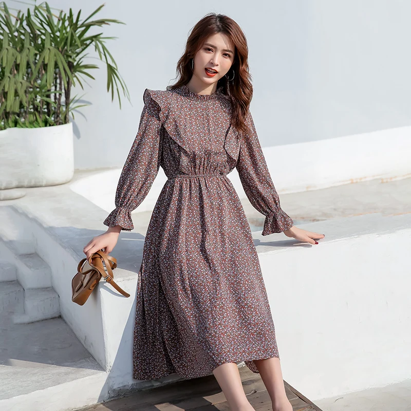 

2020 Spring Vintage French Floral Chiffon Trumpet Sleeve Knee Length Dress Empire Elegant Women Lotus Leaf Collar Dress