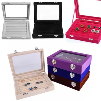 

Velvet Carrying Case with Glass Cover Jewelry Ring Display Box Tray Holder Storage Organizer Tray Cufflink Storage Showcase
