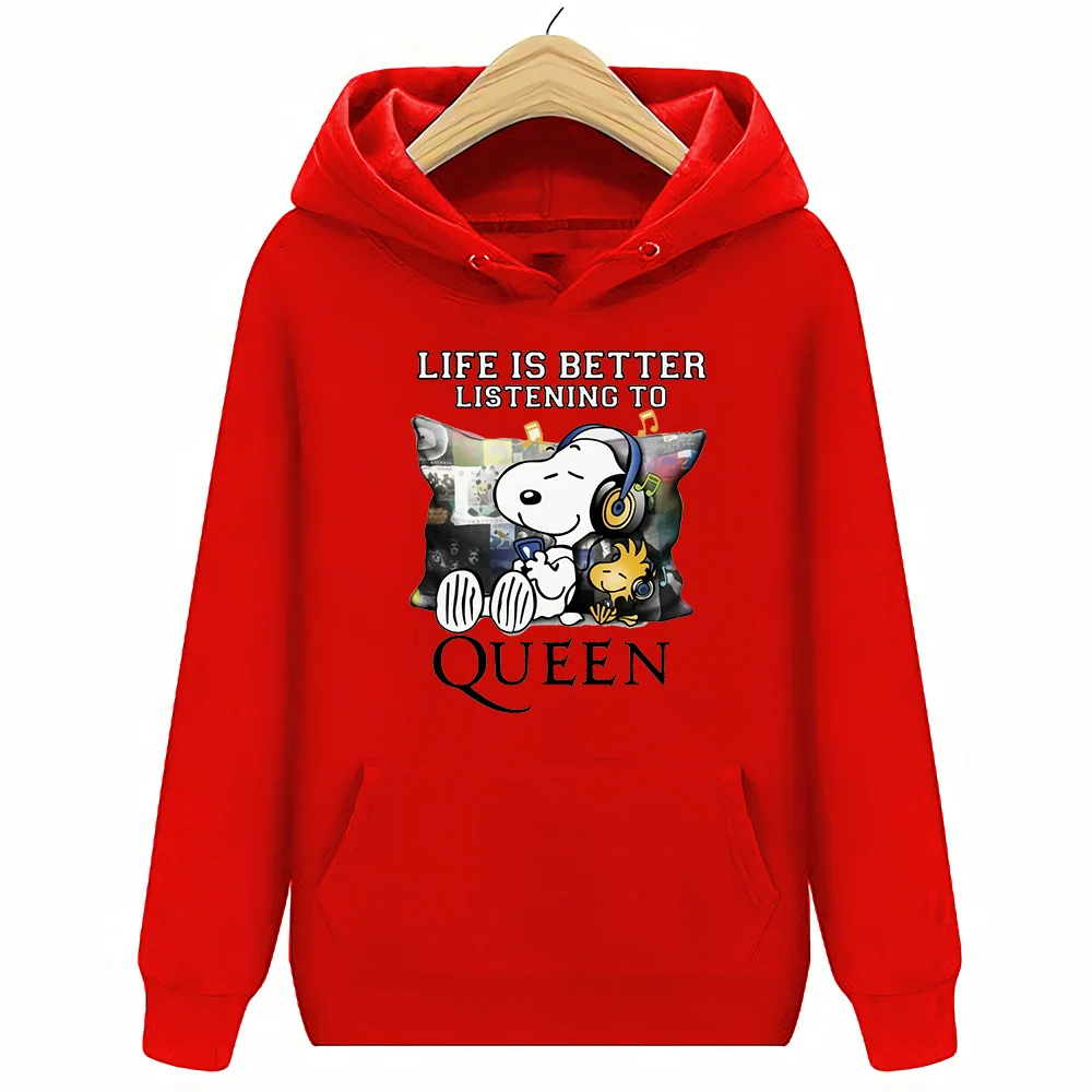 Snoopy2 и Woodstock жизнь лучше прослушивания queen группа толстовки кофты Для мужчин белый - Цвет: Красный
