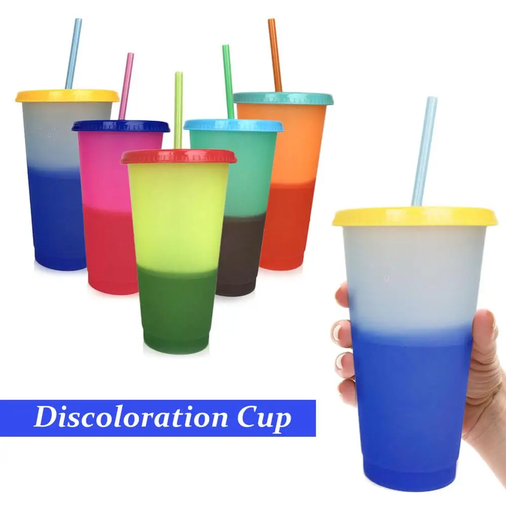 

700ML Plastic Temperature Change Color Cups Colorful Cold Water Color Changing Coffee Cup Mug Water Bottles With Straws Set