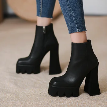 

New 2021 Autumn Winter women ankle boots Genuine Leather Thick High Heels platform shoes woman Black Dress Party boots size 43