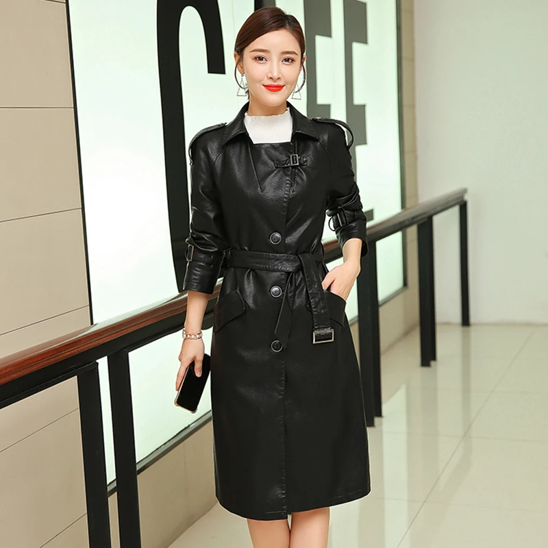 

Faux Leather Long Jacket Women Fashion Motorcycle Jacket Solid Leather Coats Outerwear Tie Belt