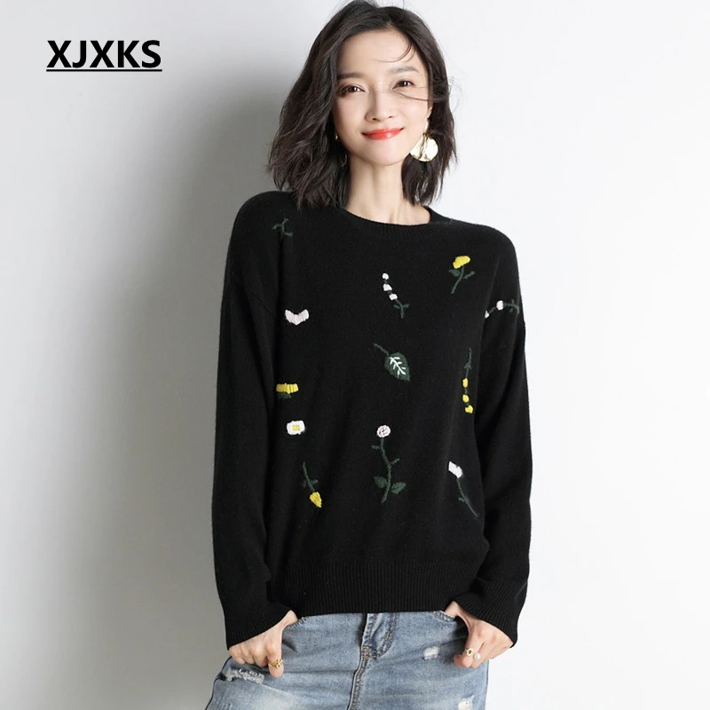 XJXKS Harajuku Pull Femme свитер для женщин одежда с цветочным узором высокая эластичность карман для молодых девушек женский пуловер свитер