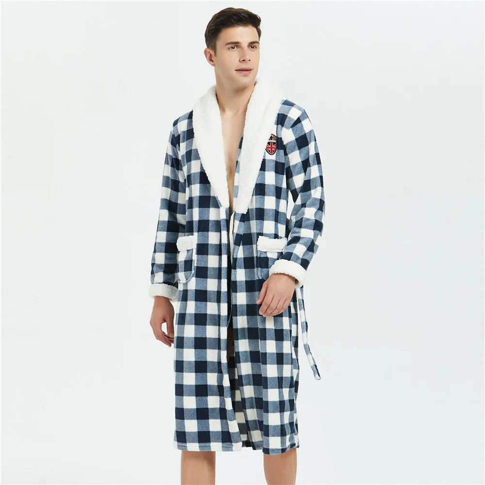 Зимняя Мужская Фланелевая ночная рубашка, домашняя одежда, новинка, длинный халат в клетку, одежда для сна, сохраняющая тепло, мягкая Пижама, кимоно, Robegown