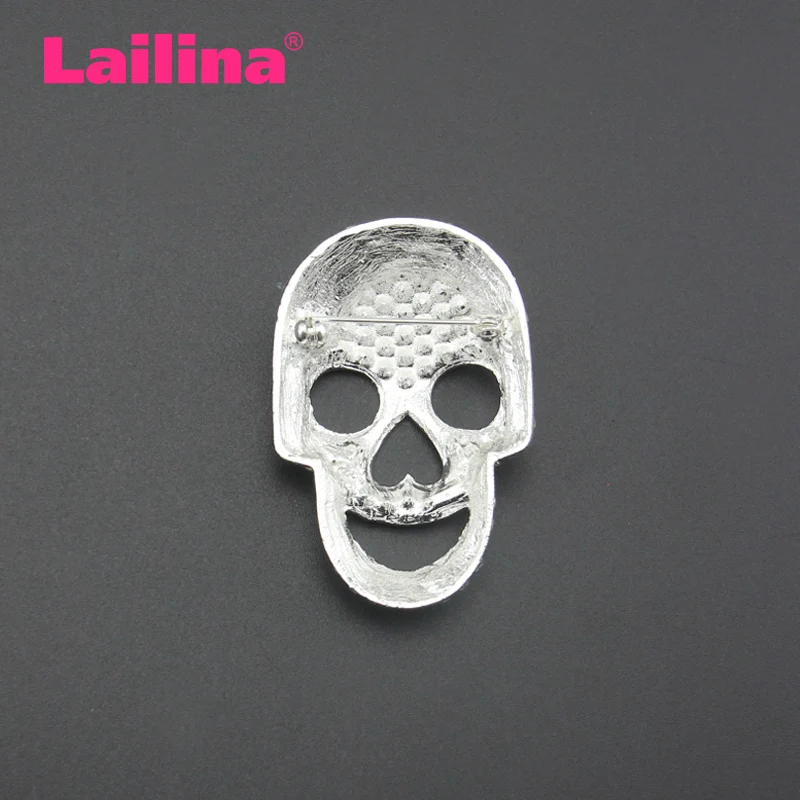 

Silver Tone Clear Crystal Colored Rhinestones Big Skull Head Face Brooch Pin