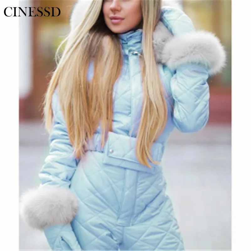 

Latest Trendy Ladies Winter Hooded Jumpsuit Parka Coat Ladies Cotton Thick Warm Belt Ski Wear Straight Zipper Casual Sportswear