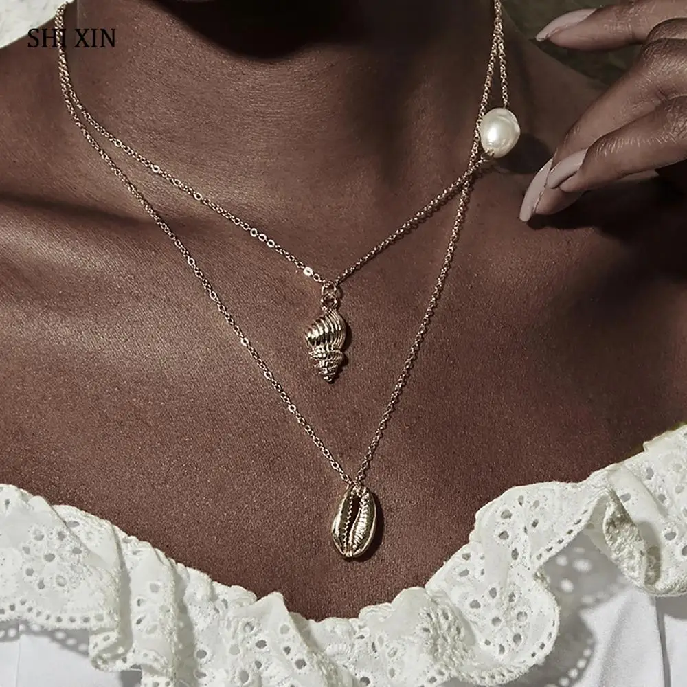 

SHIXIN Simple Pearl Necklace with Seashell Pendant Gold Color Chain Conch Sea Shell Necklace for Women 2019 Fashion Jewelry Gift