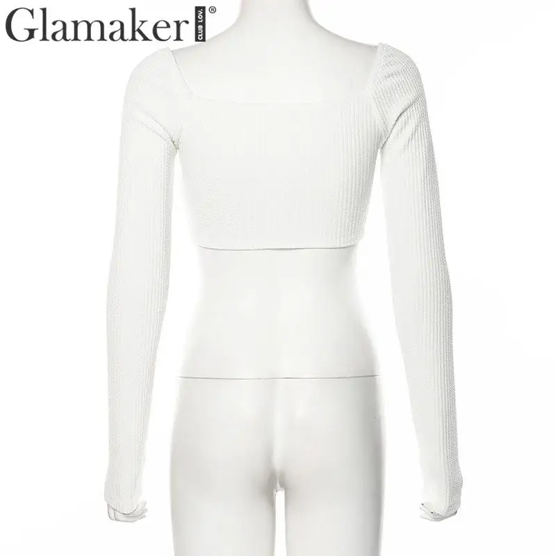 Glamaker трикотажная блузка с v-образным вырезом, сексуальная короткая белая блузка, винтажная Офисная Женская блузка с длинными рукавами, осенне-зимние элегантные вечерние женские блузки