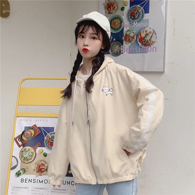 Beige hoodies Японский каваи аниме подростковые девушки с капюшоном сзади милый кот печатных молния пальто Модная Повседневная Женская Верхняя одежда Толстовка синий - Цвет: Beige hoodies