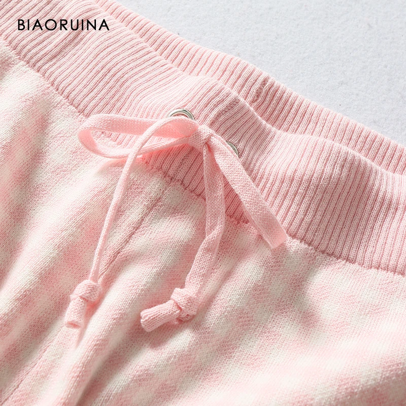 BIAORUINA, Женский хлопковый клетчатый теплый пижамный комплект в Корейском стиле, вязаный пуловер+ шорты, женский зимний комплект для сна