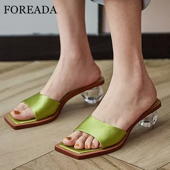 

FOREADA Slippers Woman Med Heels Crystal Strange Style Heel Shoes Square Toe Slides Fashion Female Sandals Summer Green Blue 40