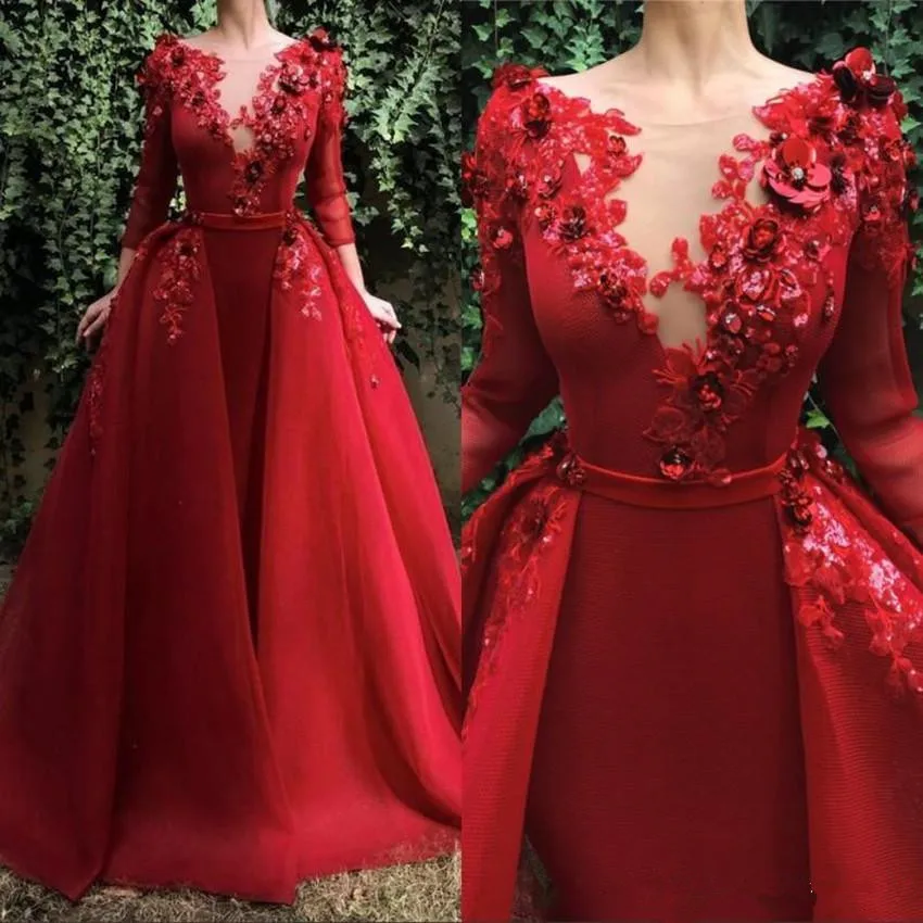 

Vintage Red Mermaid Evening Formal Dress with Detachable Train Beading Appliqued Crystals Long Sleeve Prom Gowns Robe de soiree