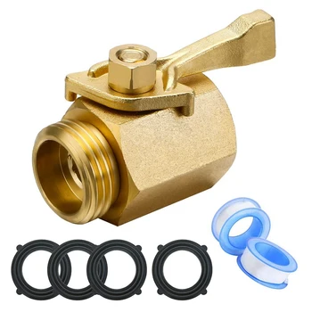 

3/4 Inch Brass Long Handle Shut Off Valve Garden Hose Connector with 6 Extra Self Locking Washers and 2 Roll Sealing Tape