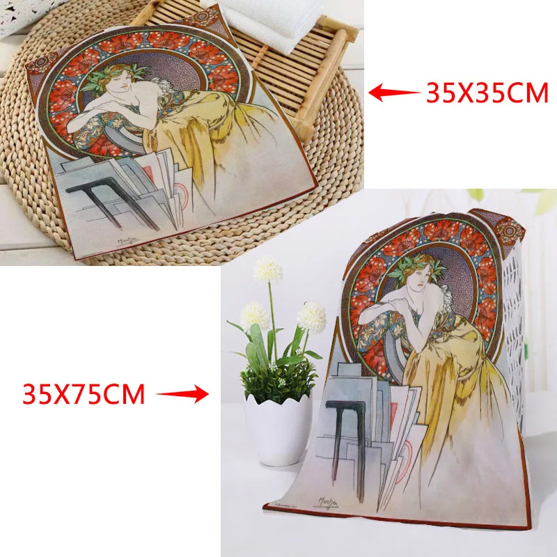 

New Arrival Alphonse Mucha Towels Square rectangle Towels Printing Size 35x35cm 35x75cm Cotton Face Towel Fabric Custom logo