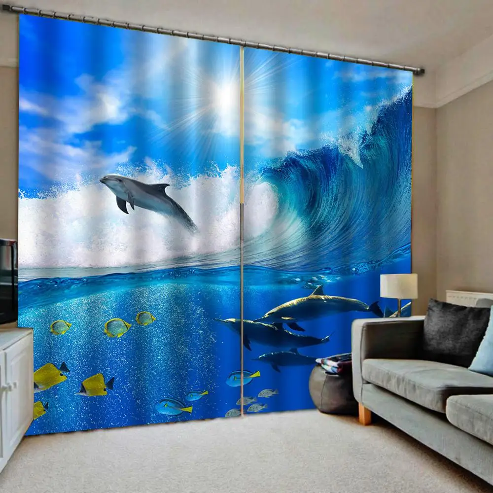 3D Window Curtain Luxury living room decorate Cortina blue ocean curtains sea water wave curtain