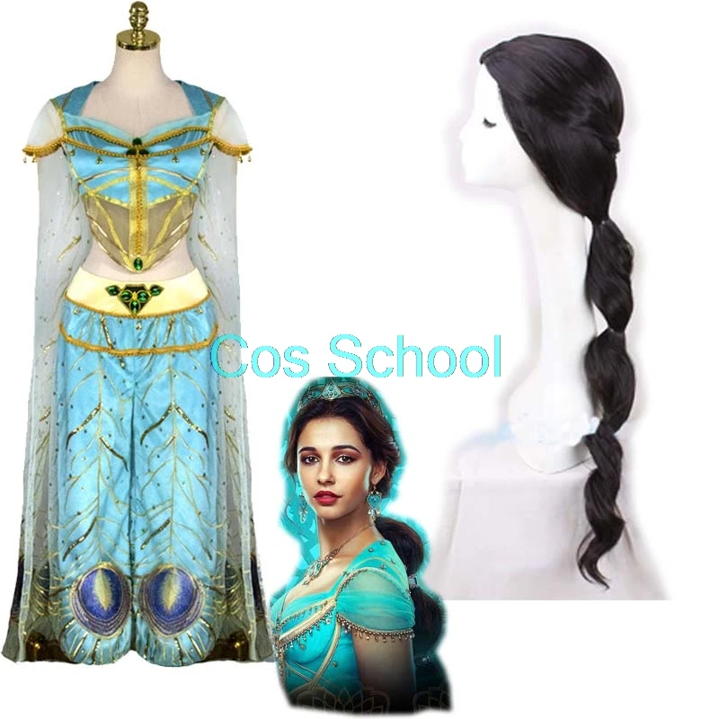 Cos школа Аладдин Жасмин Косплей Костюм Принцесса парики фильм длинные черные