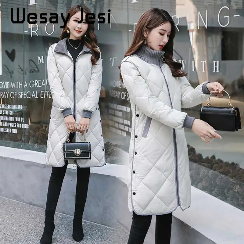 Women winter long jackets coat 2020 Casual rhombus thicken warm Knitted stitching collar parkas Solid female outwear plus size | Женская