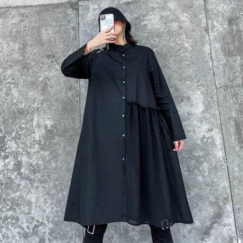 

Chiffon Patchwork Midi Dress Stand Collar Long Sleeve Single Breasted Loose Plus Size Dress Wome Oversized Dresses SA079S30