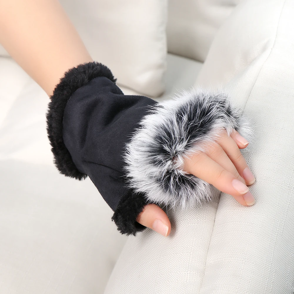 1 пара модные женские митенки перчатки без пальцев замшевые кожаные перчатки из искусственного кролика зимние перчатки высокого качества половинные перчатки
