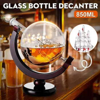 

850ml Globe Glass Wine Decanter Liquor Whiskey Spirits Soda Bottle With Wood Frame Creative Drink Bottle For Home Bar Decoration