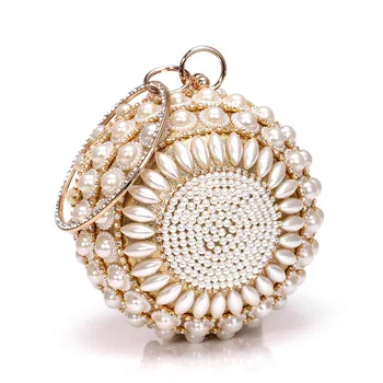 

2020 new women pearl evening bags round shaped diamond party dinner purse mini clutch wallets metal handel bag mn1498