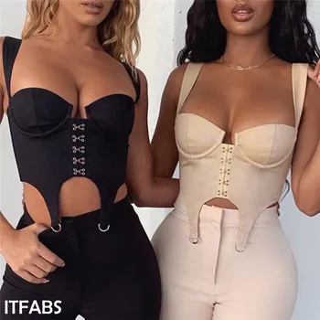 

Sexy Women Crop Tops Clubwear Low Cut Camisole Tank Vest Buttons Bandage Tie Sleeveless Bodycon Bodycon Tank Bustiers Corsets