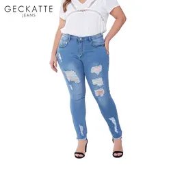 GECKATTE/большие размеры, синие джинсы для мам, женские эластичные рваные джинсы с завышенной талией, женские узкие джинсовые брюки-карандаш