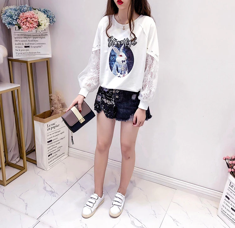 Cartoon print patchwork hoodies women sweatshirt loose hoodie autumn new arrival beading long sleeve o-neck tops