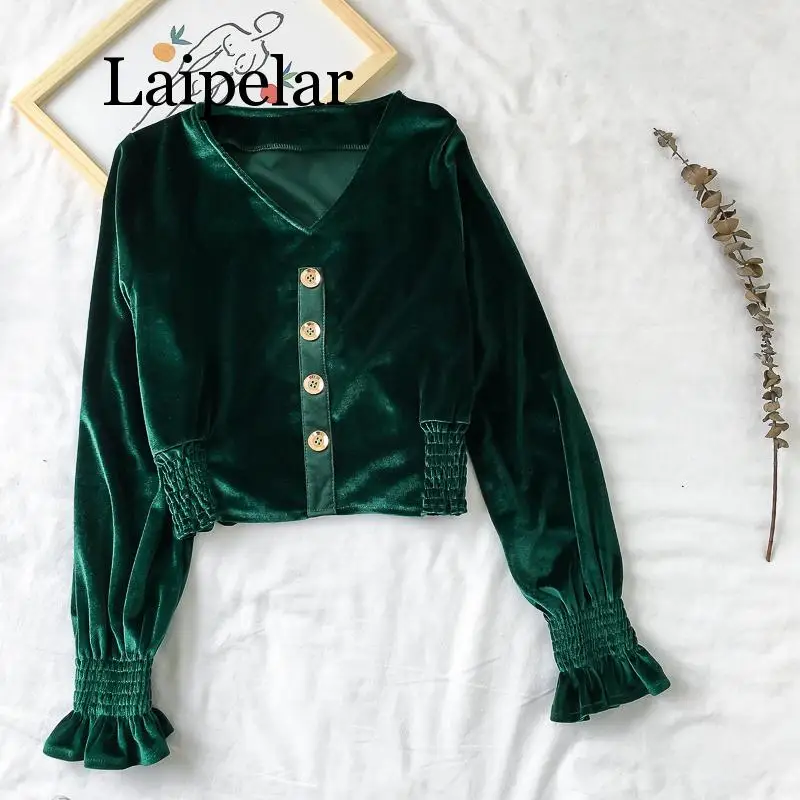 

Laipelar Solid Velvet V-Neck Elegant Women Blouse Vintage Buttons Female Short Top 2019 Autumn New Fashion Chic Girl