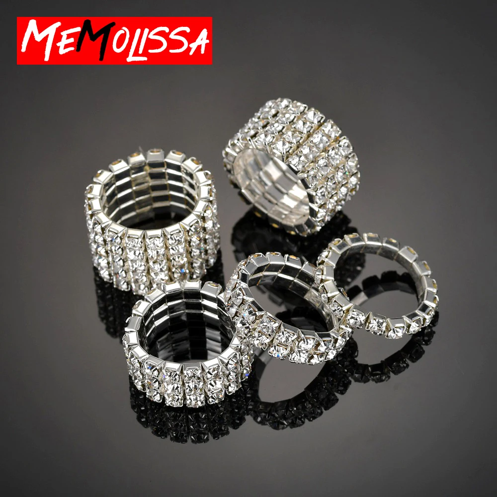 Clear Crystal Rings Metal Bridal Wedding Rhinestone 5 Rows Elastic