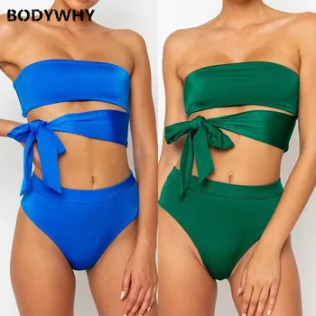 

2020 Summer New Women's Swimwear Solid Color Bikini Irregular Swimsuit Ladies Bandage Tube Top Bikini Blue Bikini