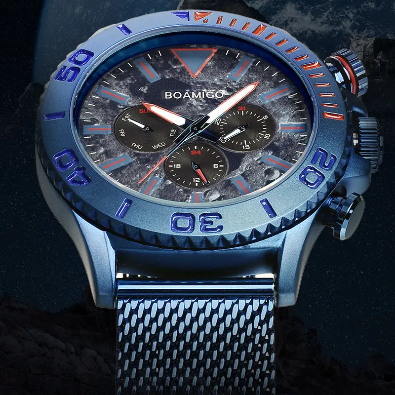 

BOAMIGO top luxury brand men watches fashion sport business quartz watch date week stainless steel mesh wristwatches male clock