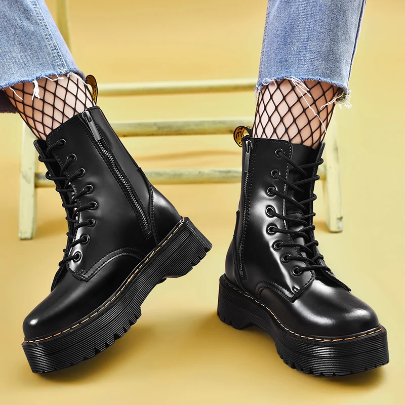 Botas de piel auténtica con plataforma para mujer, botines de piel auténtica con tacón grueso cálido para motocicleta