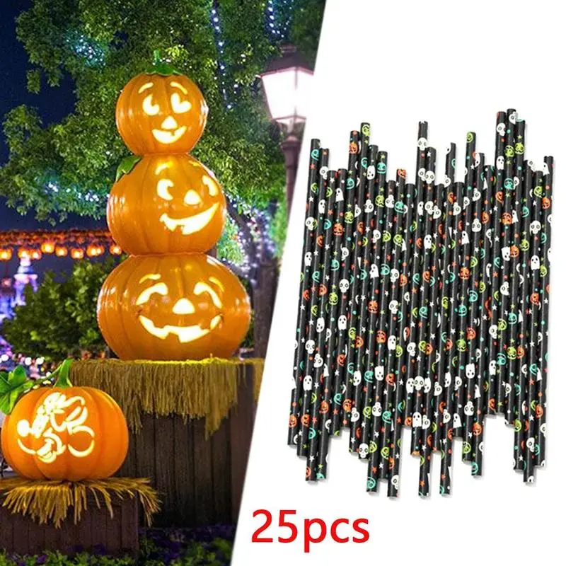 Durable Pumpkin Ghost Skull Halloween Decoration Toy Sipper Party 25 Pieces/pack Disposable Beverage Paper Pipette Biodegradable