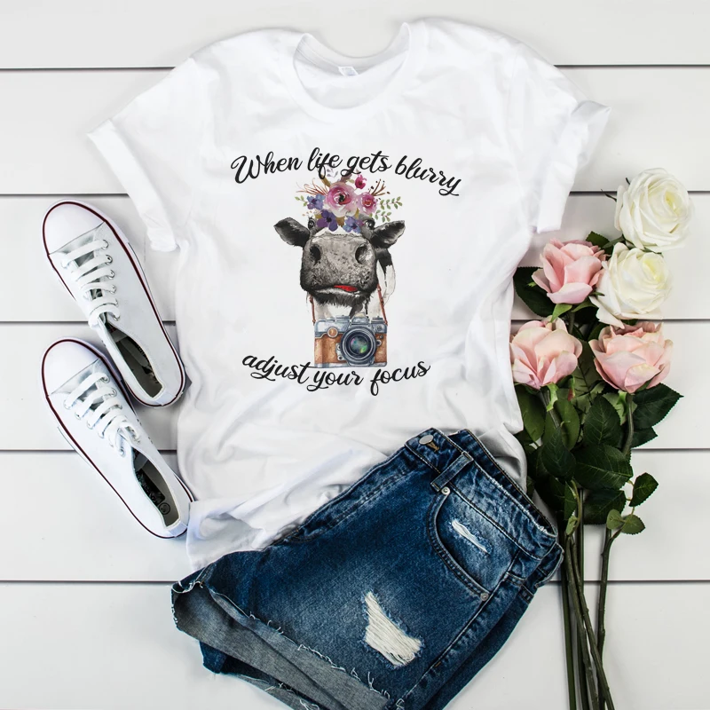 Женская графическая футболка с акварельным принтом, Женская Винтажная футболка с изображением мира, компаса, камеры, цветов, женская футболка - Цвет: coz9737
