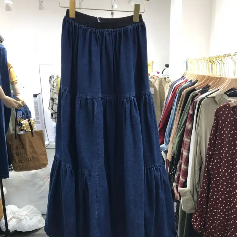 Free Shipping 2021 New Fashion Spring Denim All-match Vintage Jeans Elastic Waist Long Maxi Skirt For Women A-line Blue Skirts