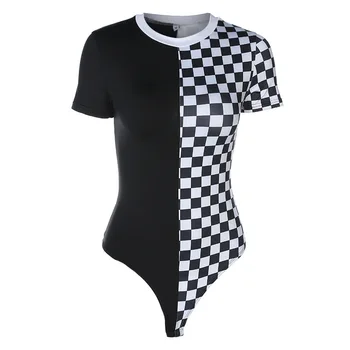 

Short Sleeve Sexy Bodysuit Women Round Neck Slim Patchwork Rompers 2019 Spring Summer Skinny Checkerboard Bodysuit