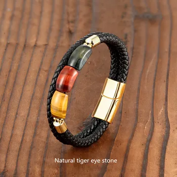 Energy Bracelet Plate Type Natural Tiger Eye Stone Leather Cord Two-layer Bracelet